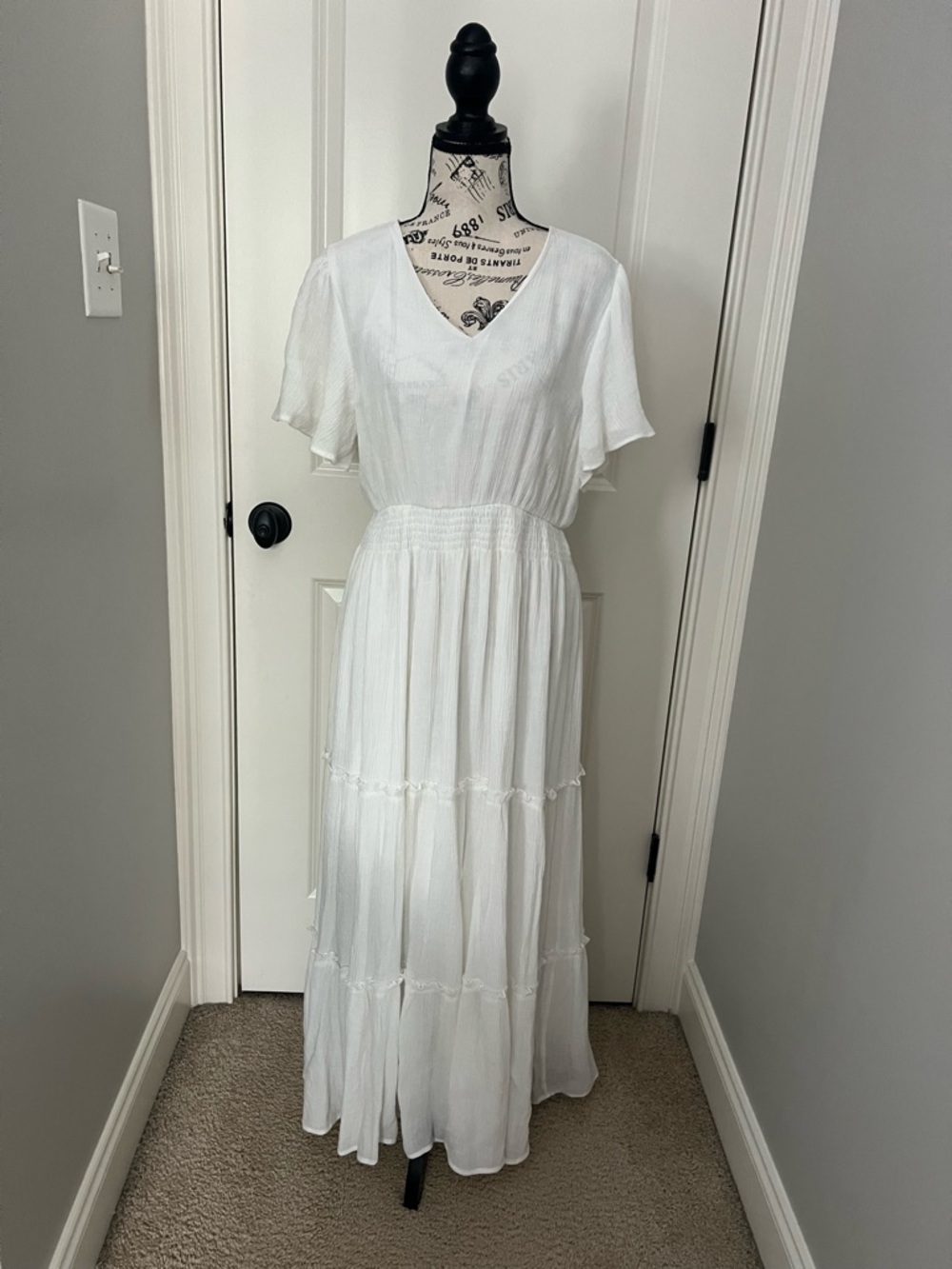 Mikarose White V-Neck Tiered Maxi Dress